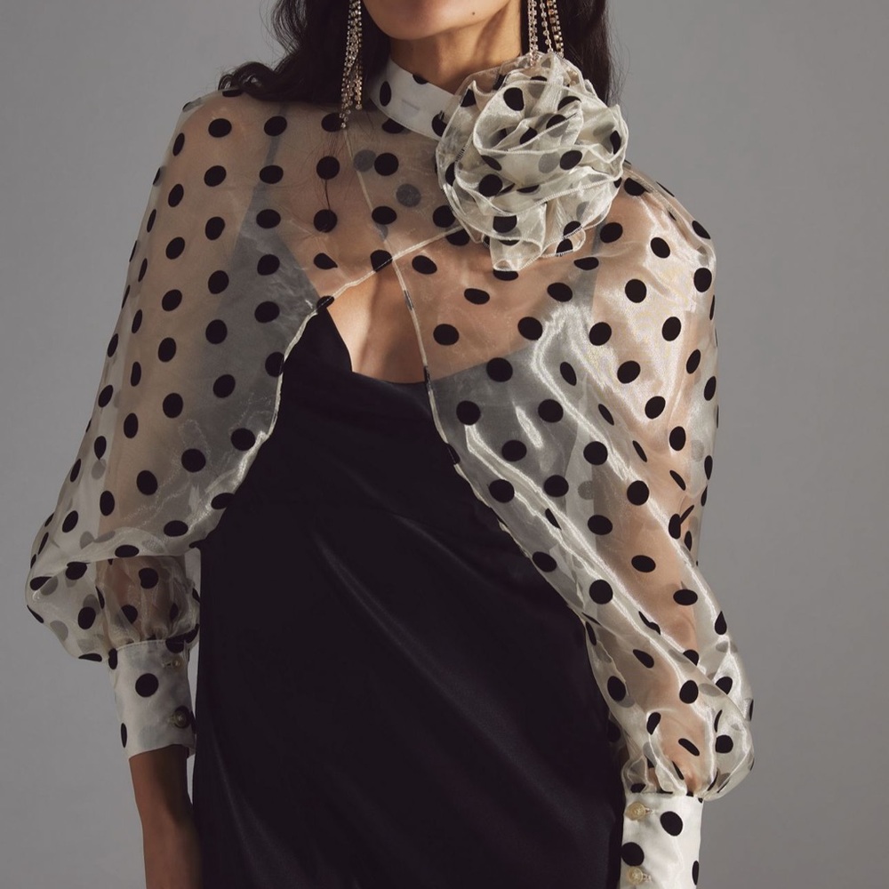 Anthropologie Black Polka Dot Rosette Tulle Sleeves - Picture 3 of 5